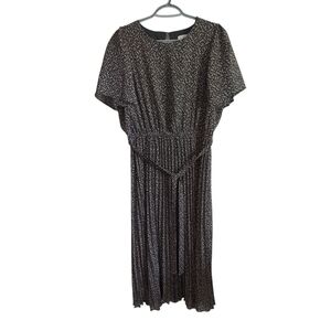 Polagram Pleated Midi Dress Shortsleeve L Cottagecore Fairy Grunge Dark Floral